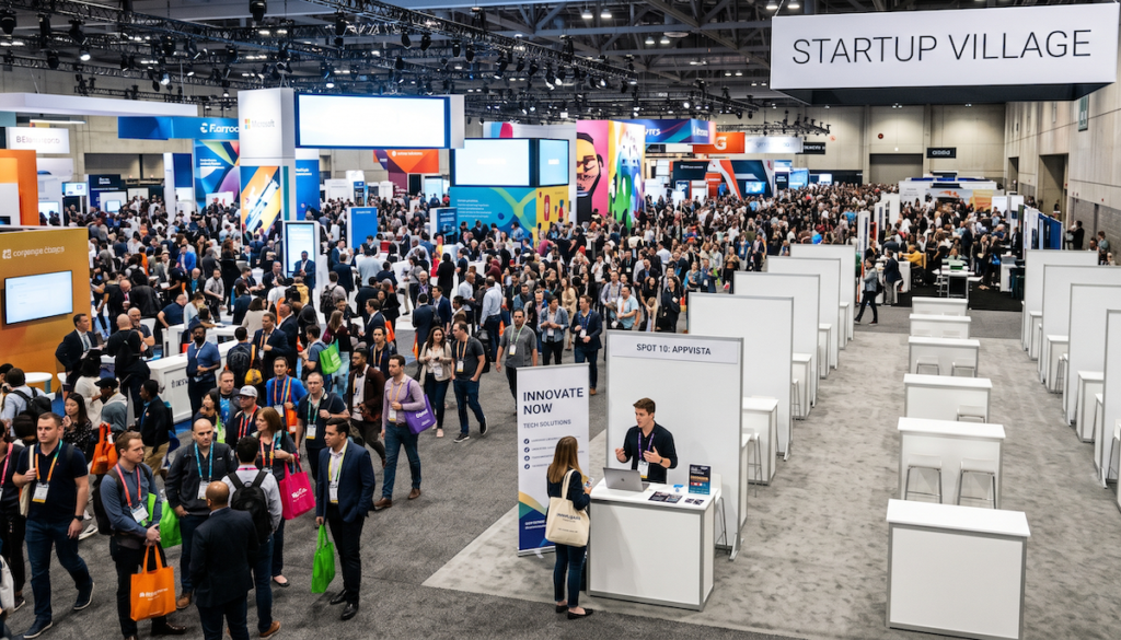 Crowded exhibition hall with an empty startup village, only one startup exhibitor active.